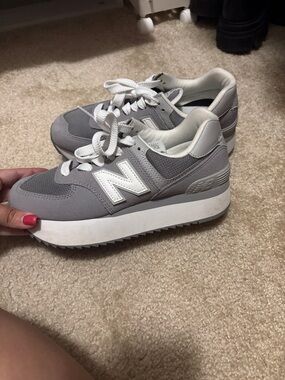 New Balance Light Gray Athletic Sneakers with White Laces and Platform